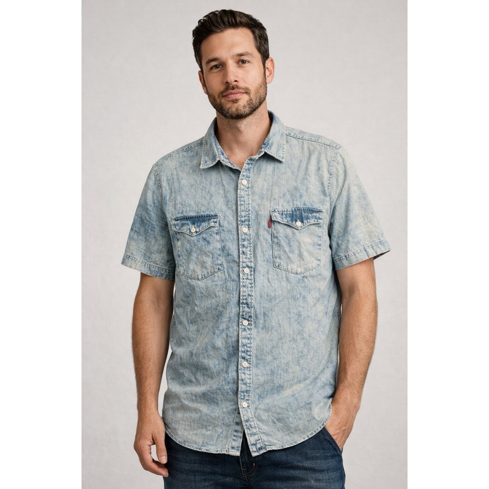 Levi's XL Light Wash Chambray Denim Shirt Men's Short Sleeve Button Up Western - Picture 2 of 5